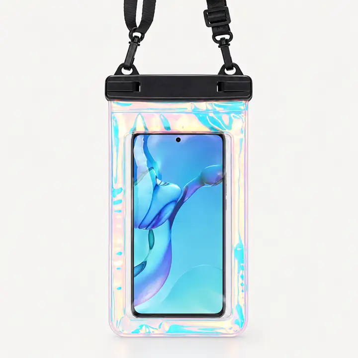 Iridescent phone pouch with twin lanyard attachments