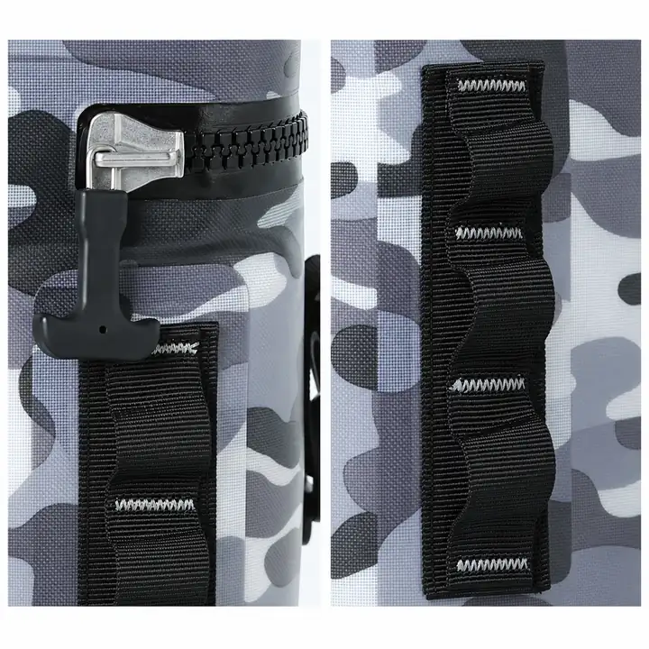 Zipper pull and stitched webbing details on the CW3006 camouflage cooler