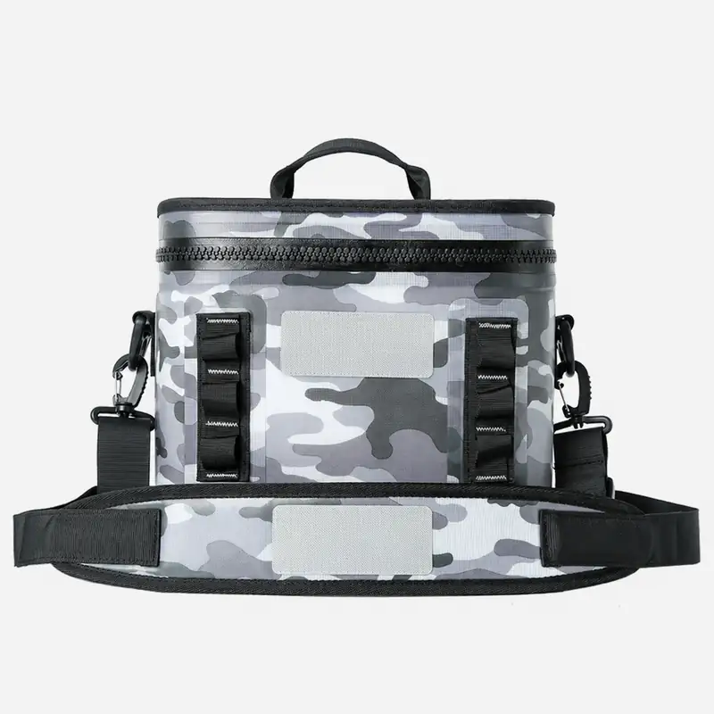 Front view of camouflage soft cooler and shoulder pad