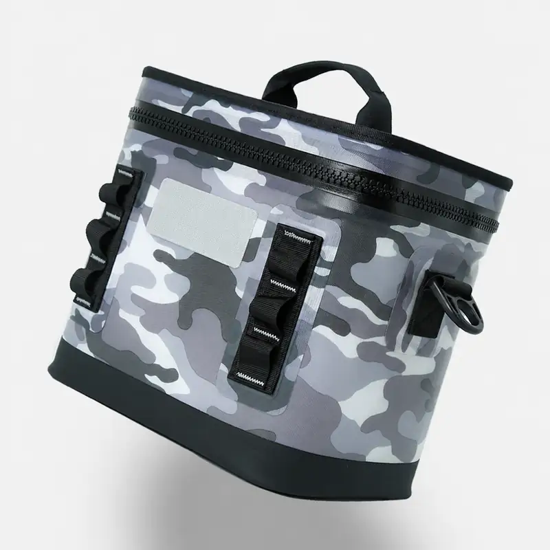 Angled view of camouflage insulated camping cooler