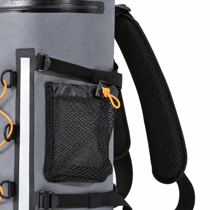 Padded shoulder strap and adjacent exterior mesh pocket on the KB02 cooler backpack