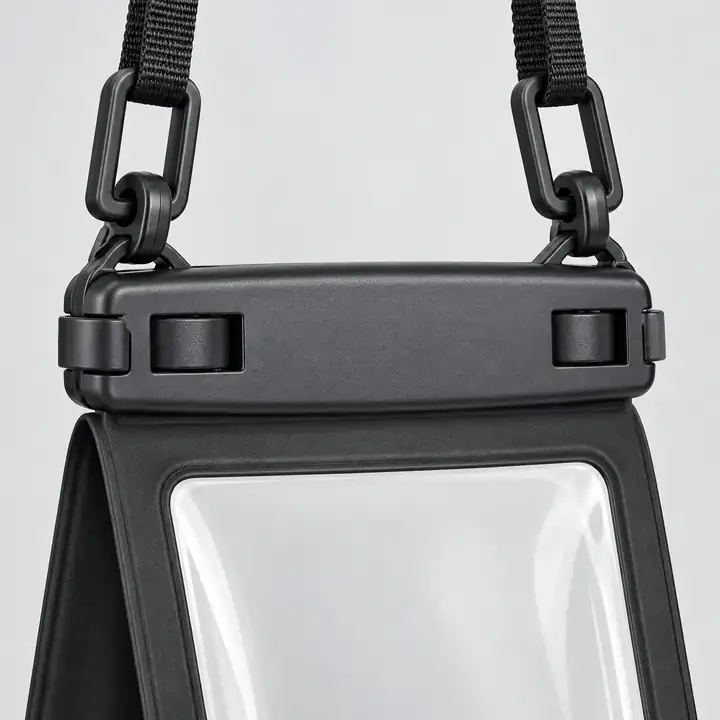Two lanyard clips and the top closure on the black phone pouch