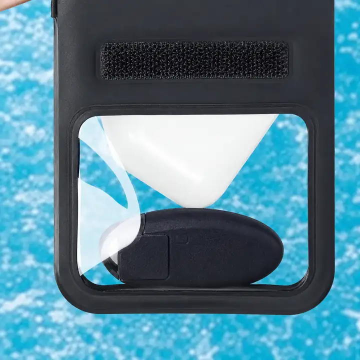 Lower window perimeter and adjoining fastener on the fold-open phone pouch