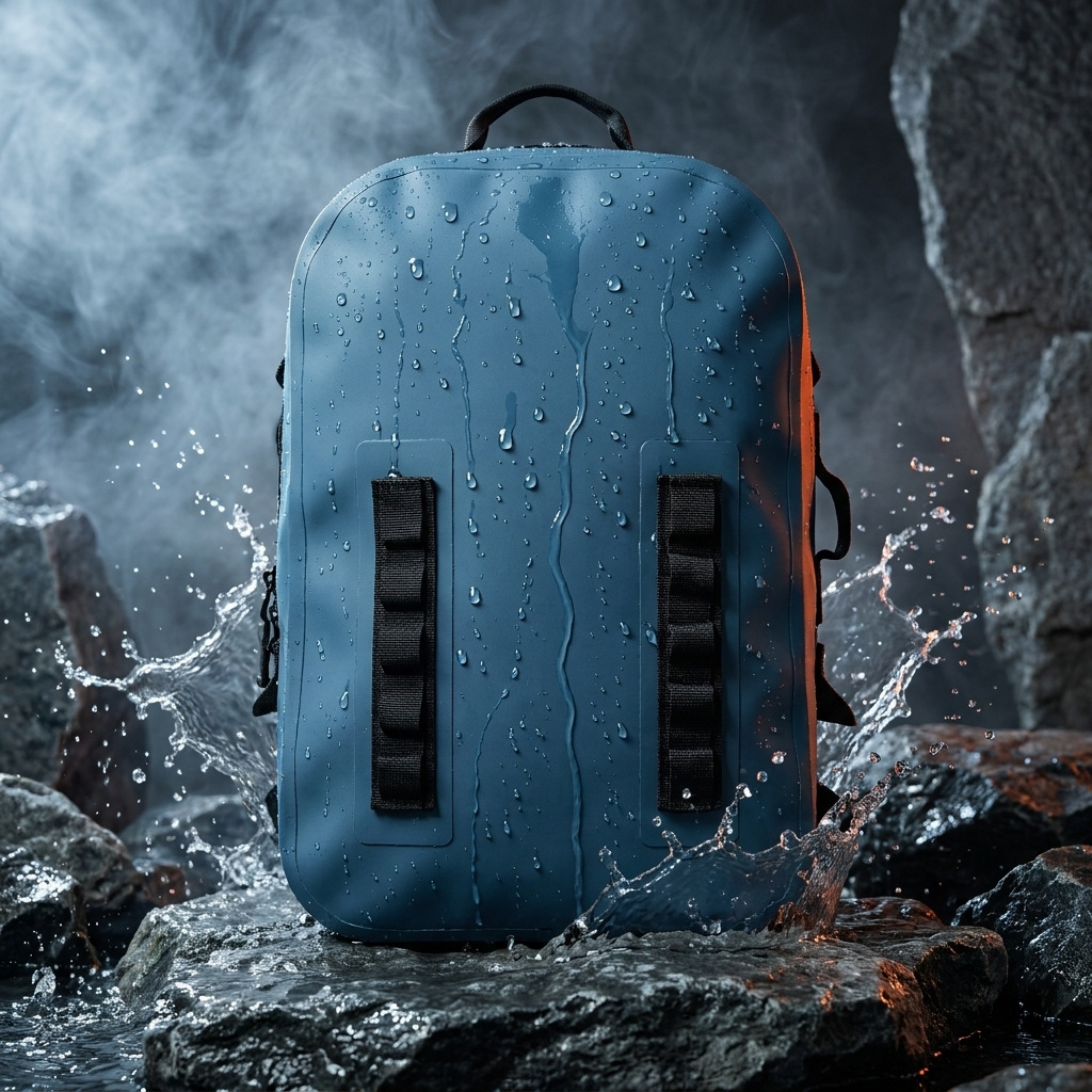 Blue TPU dry backpack in supplied outdoor water-splash reference image