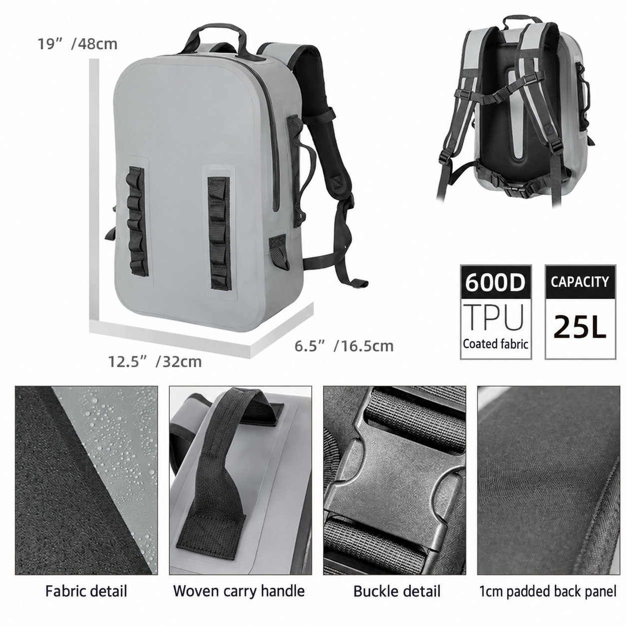 English 25L backpack dimensions and 600D TPU construction details