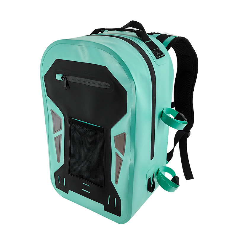 Turquoise TPU kayaking backpack with front storage and shoulder straps