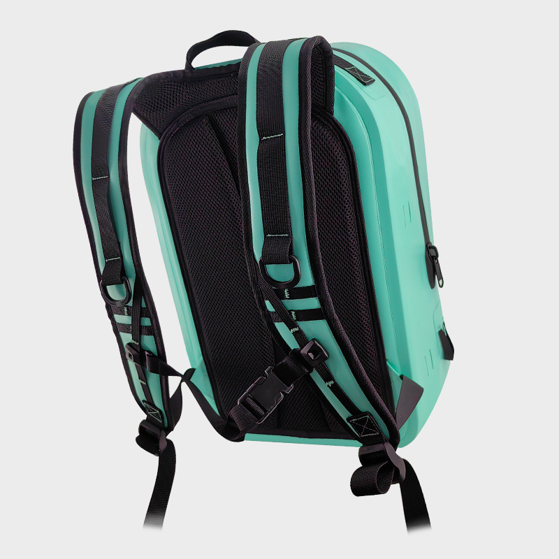 Rear view of adjustable shoulder straps and back panel on 30L kayaking dry backpack