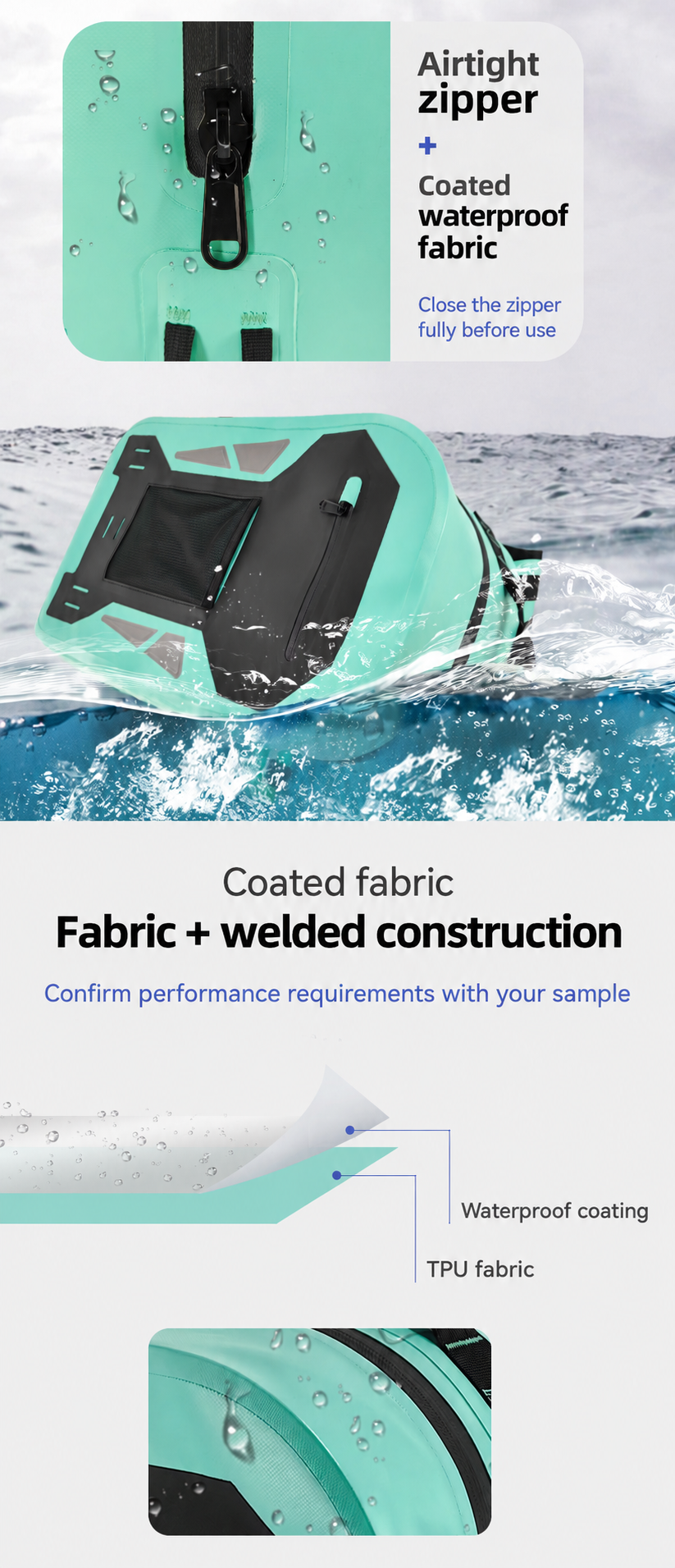 English detail infographic for airtight zipper and coated TPU fabric