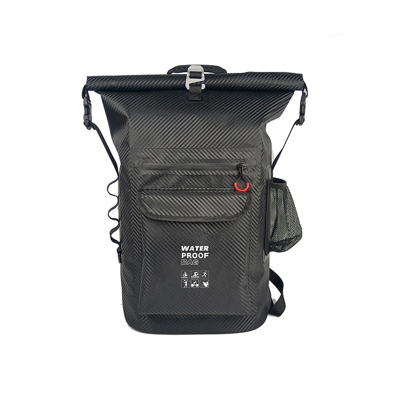 Black roll-top backpack with exterior storage pockets