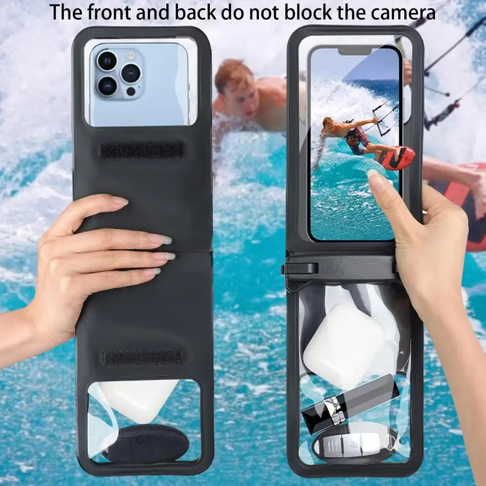 Supplied folded-panel phone pouch reference showing front and rear window areas