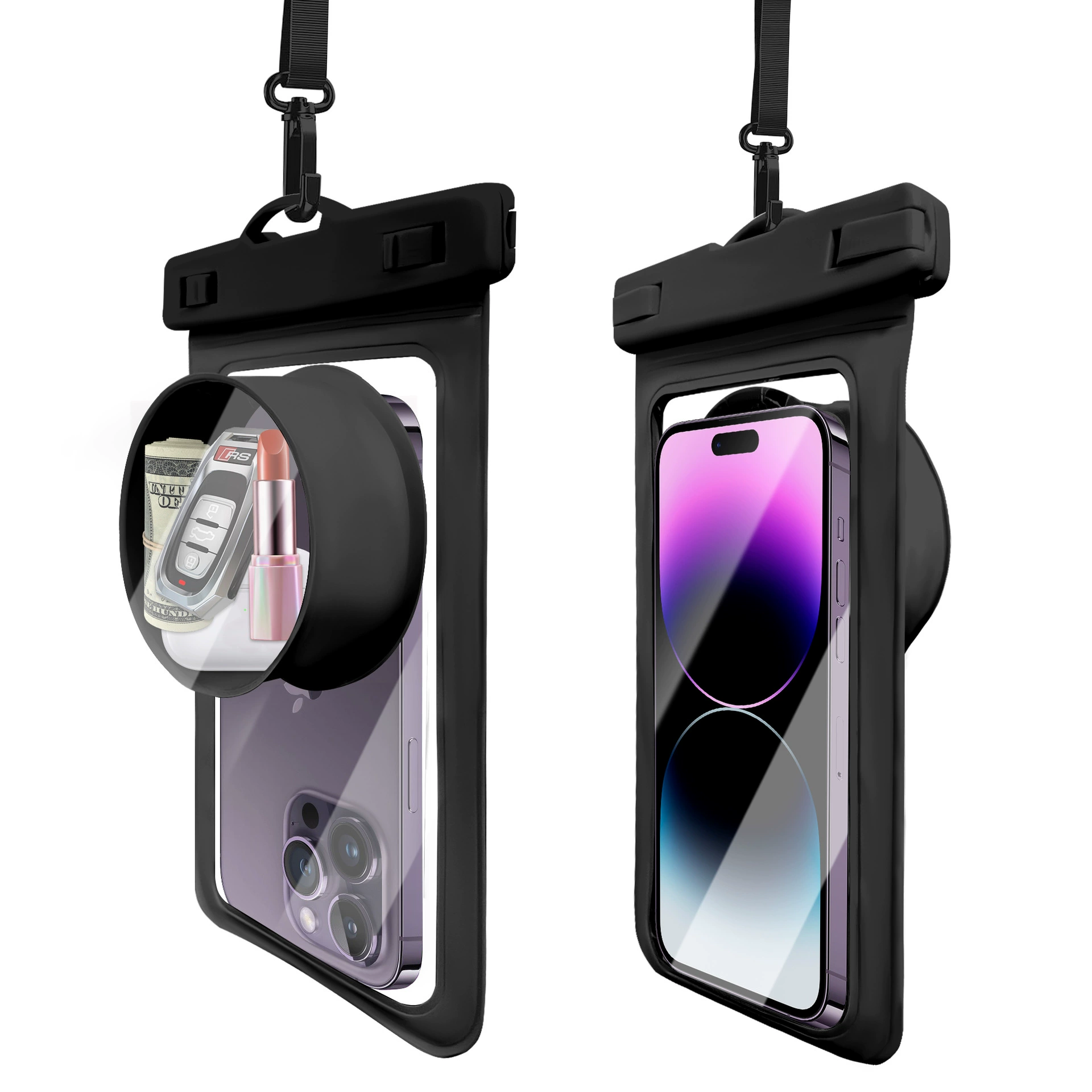 Black phone pouch reference with raised camera-area window and lanyard