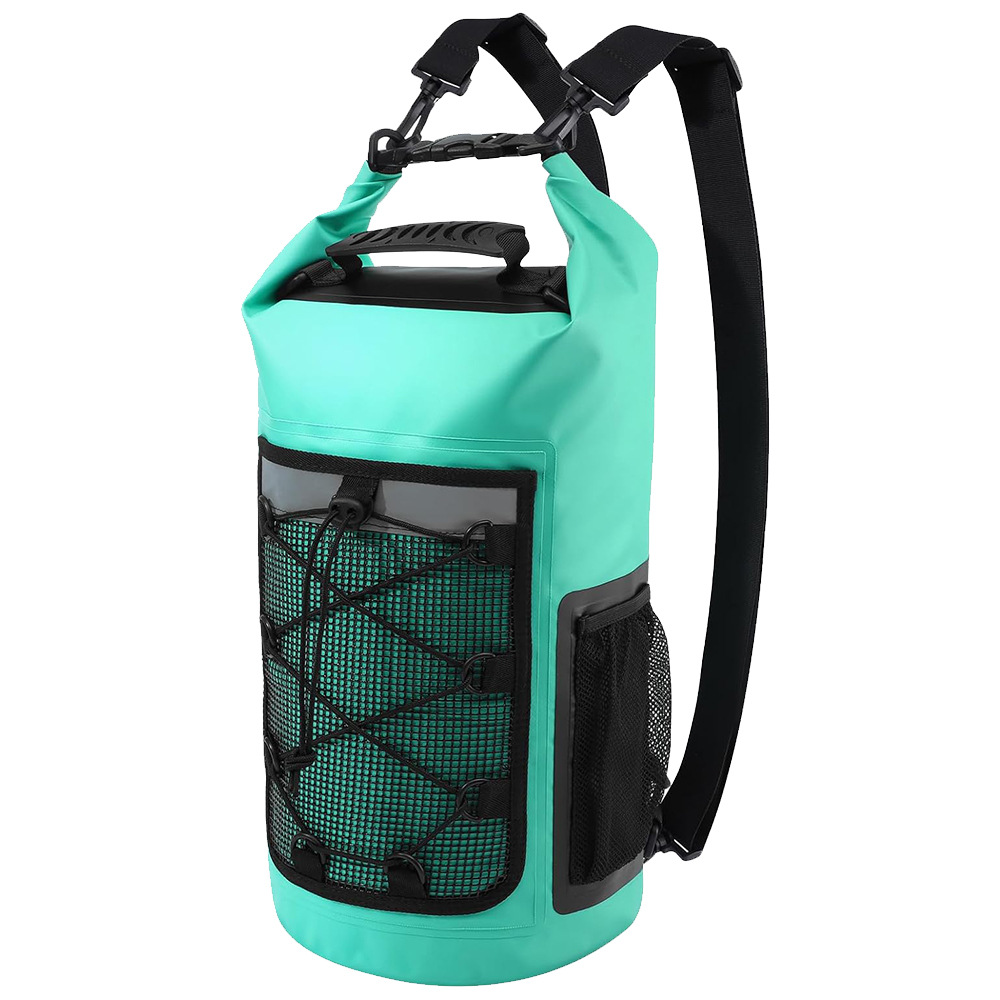 Roll-top carry dry bag with exterior mesh storage