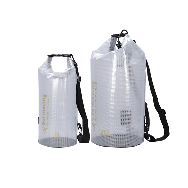 Translucent grid-textured dry bag with a roll-top opening